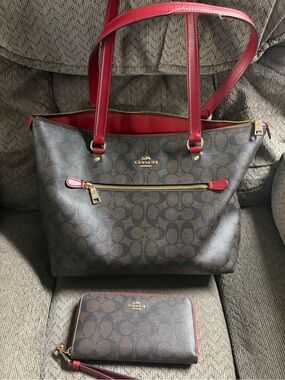 Coach Brown Signature Tote with Red Trim and Gold Hardware